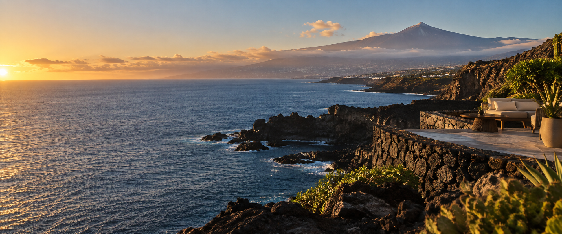 Tenerife's volcanic coast, the Atlantic Ocean and Mount Teide at sunset